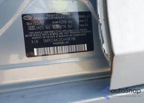 2012 Hyundai Sonata Limited из США, поврежденный, VIN 5NPEC4AC2CH498786